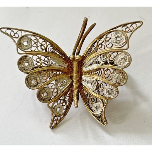 Two Tone Butterfly Brooch 800 Silver Cannetille Spun Silver Gold Silver Color - Picture 1 of 7